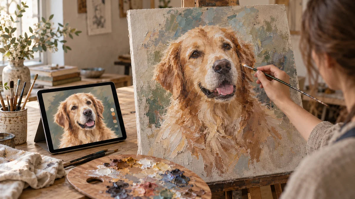 An artist hand-painting a golden retriever portrait beside its digital preview