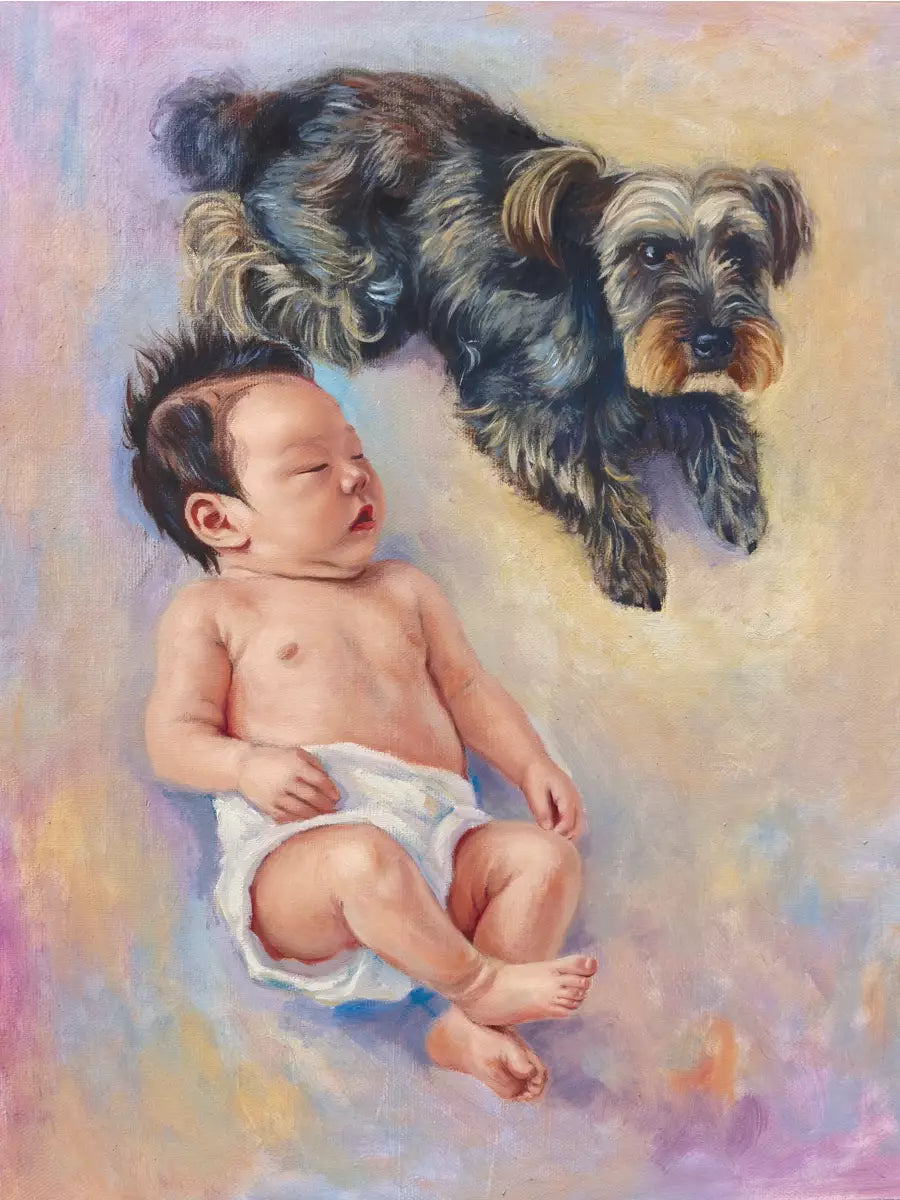 Completed oil portrait of a sleeping baby and a schnauzer