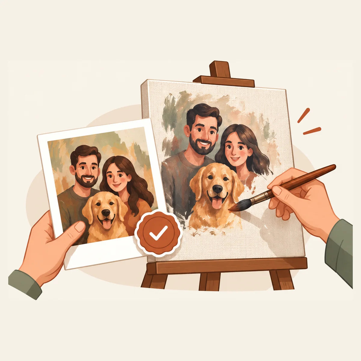 An approved portrait proof beside a hand-painted canvas on an easel