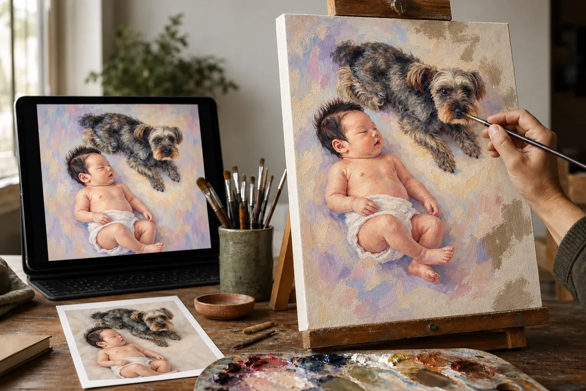 A baby and dog portrait shown as an AI preview beside the same artwork being hand-painted on canvas