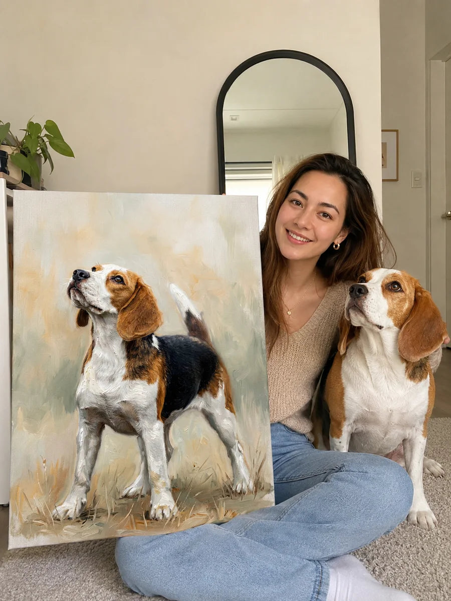 Customer sitting with her Beagle and its finished oil portrait