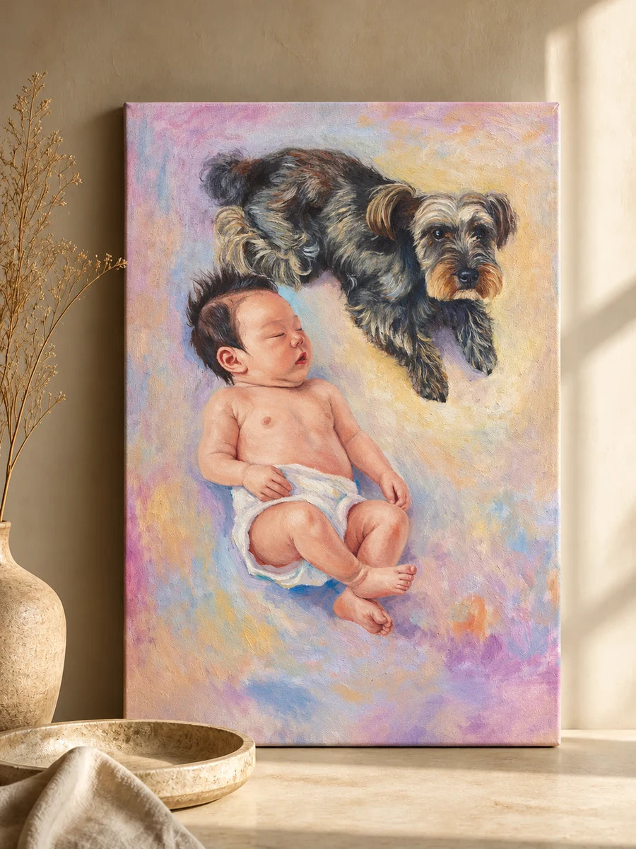 Finished oil portrait of a sleeping baby and schnauzer displayed in a warm home
