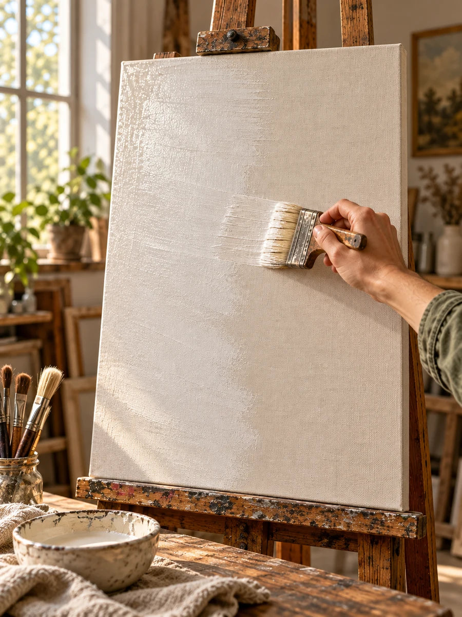 Artist applying a preparation layer to blank cotton-linen canvas