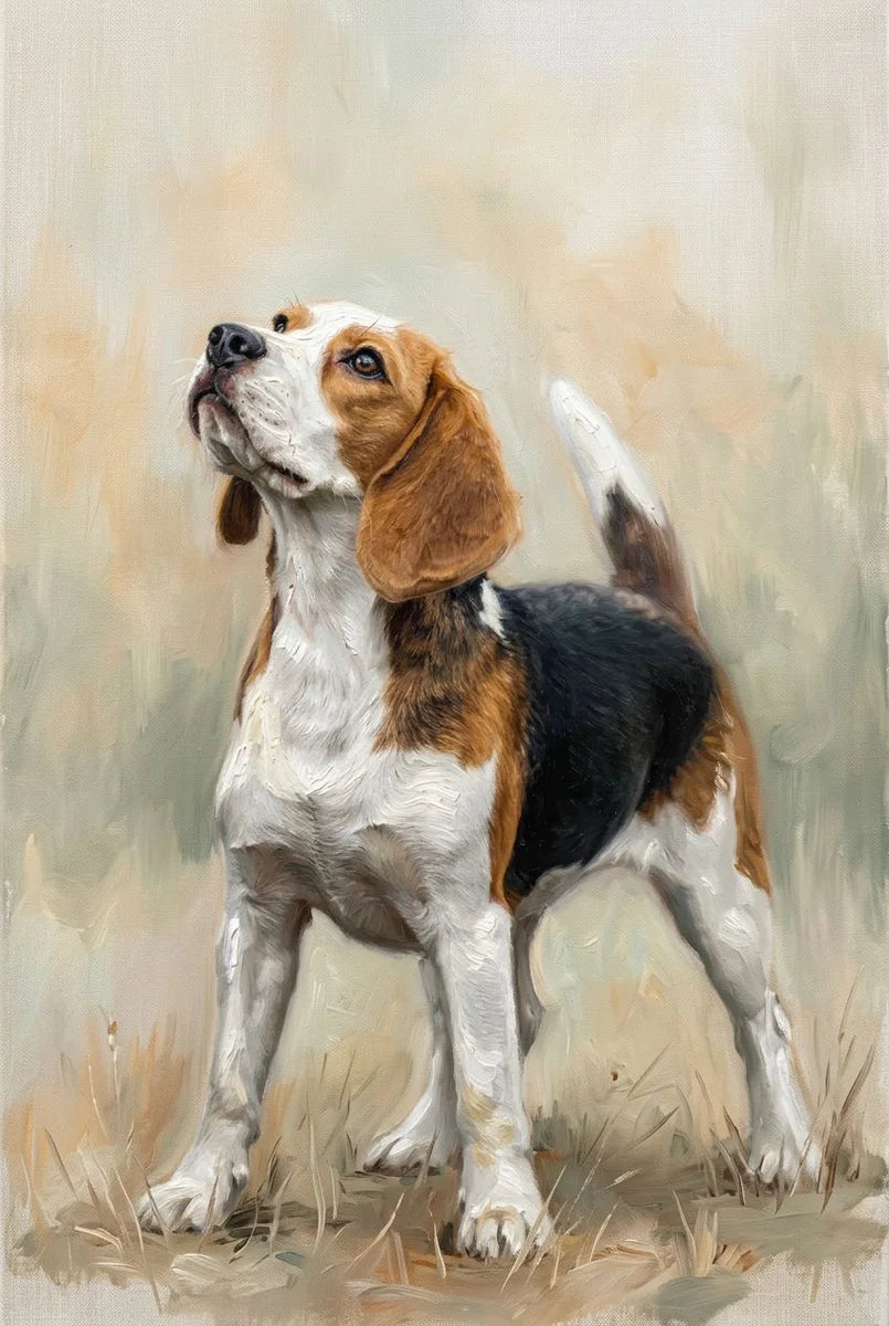 Realism oil portrait of a Beagle looking upward