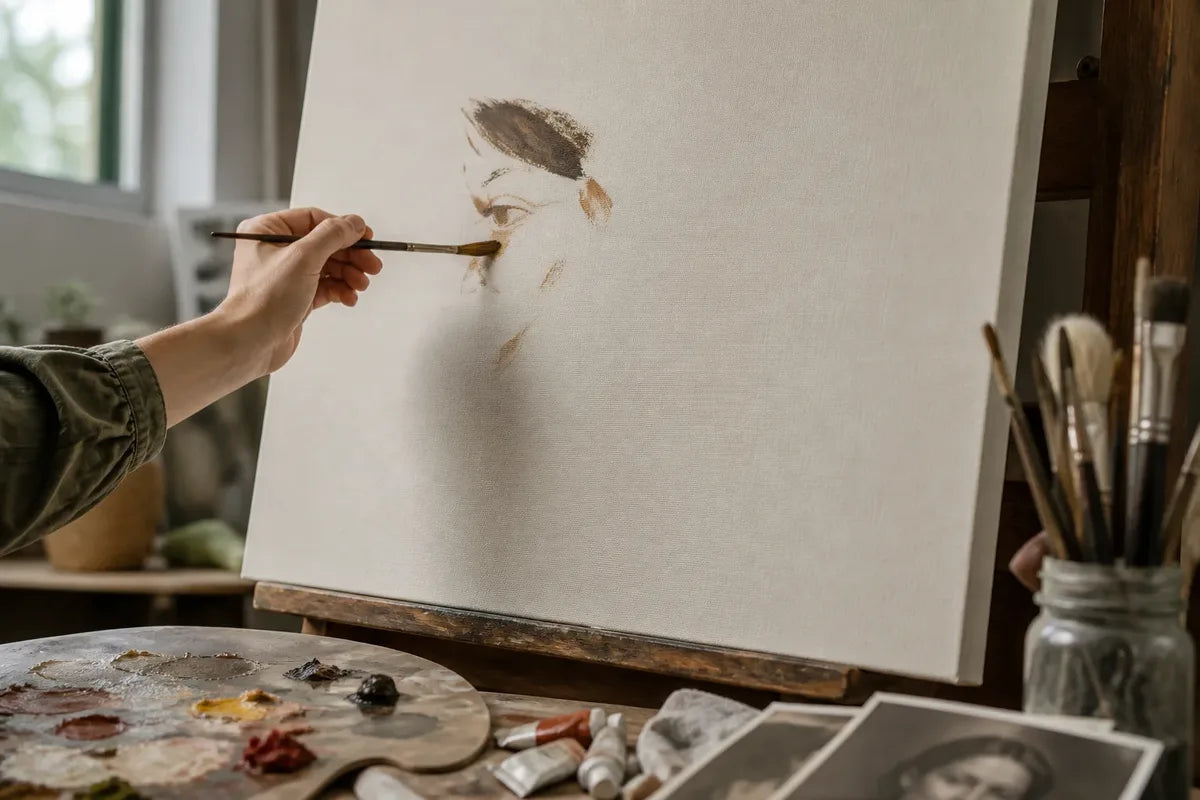 A realistic artist studio photo of a hand painting first brush strokes on a blank canvas