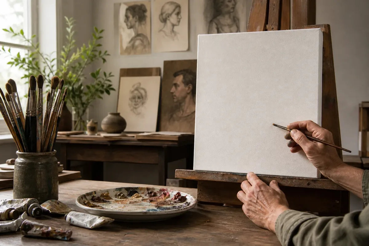 A realistic artist studio photo with a canvas, palette, brushes, and portrait studies showing painting experience