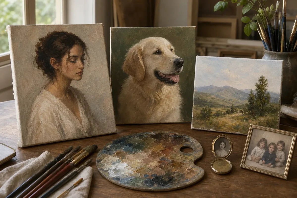 A realistic artist studio photo with human, pet, landscape, and keepsake portrait samples