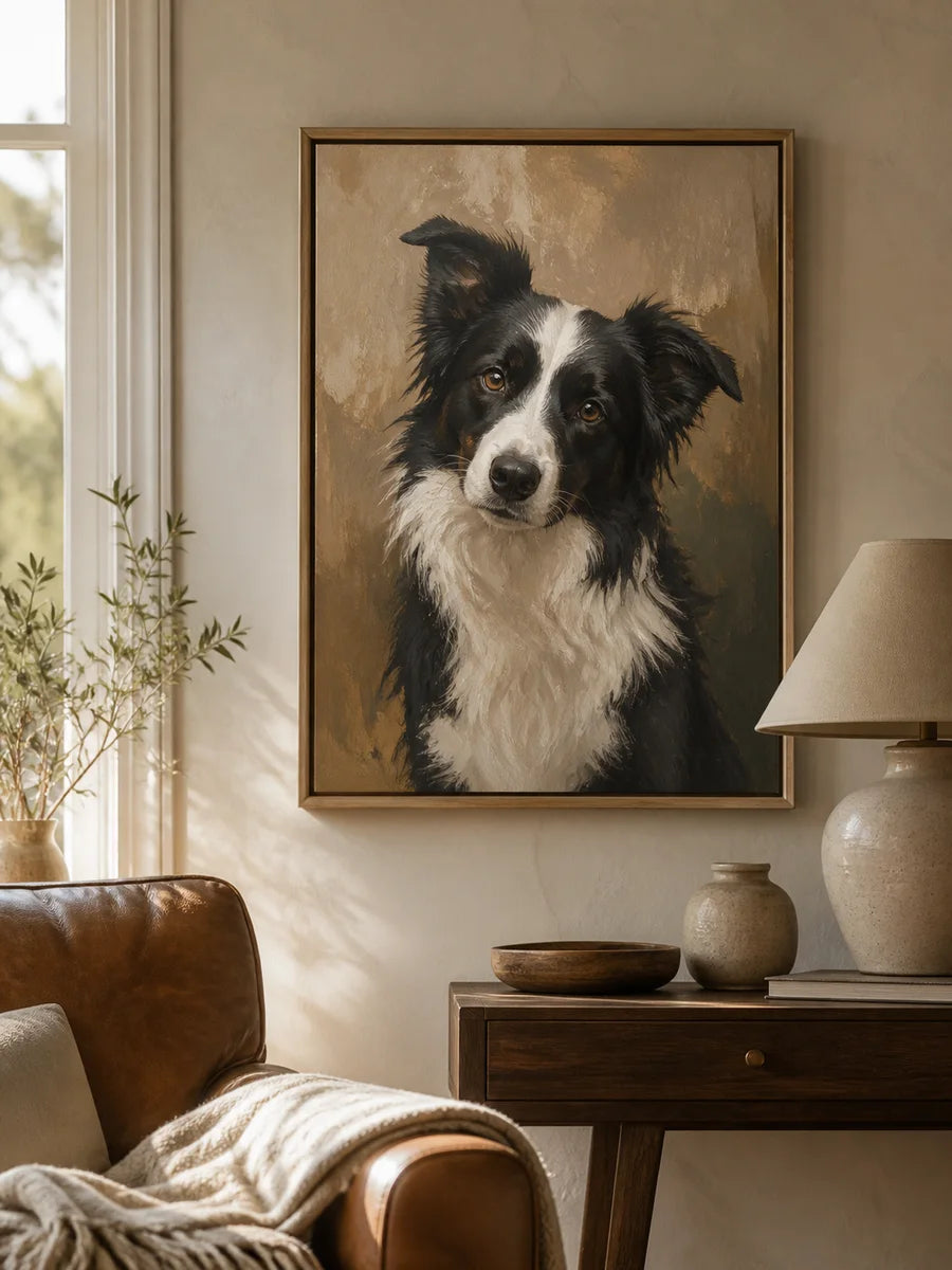 Border collie finished portrait displayed in a warm home