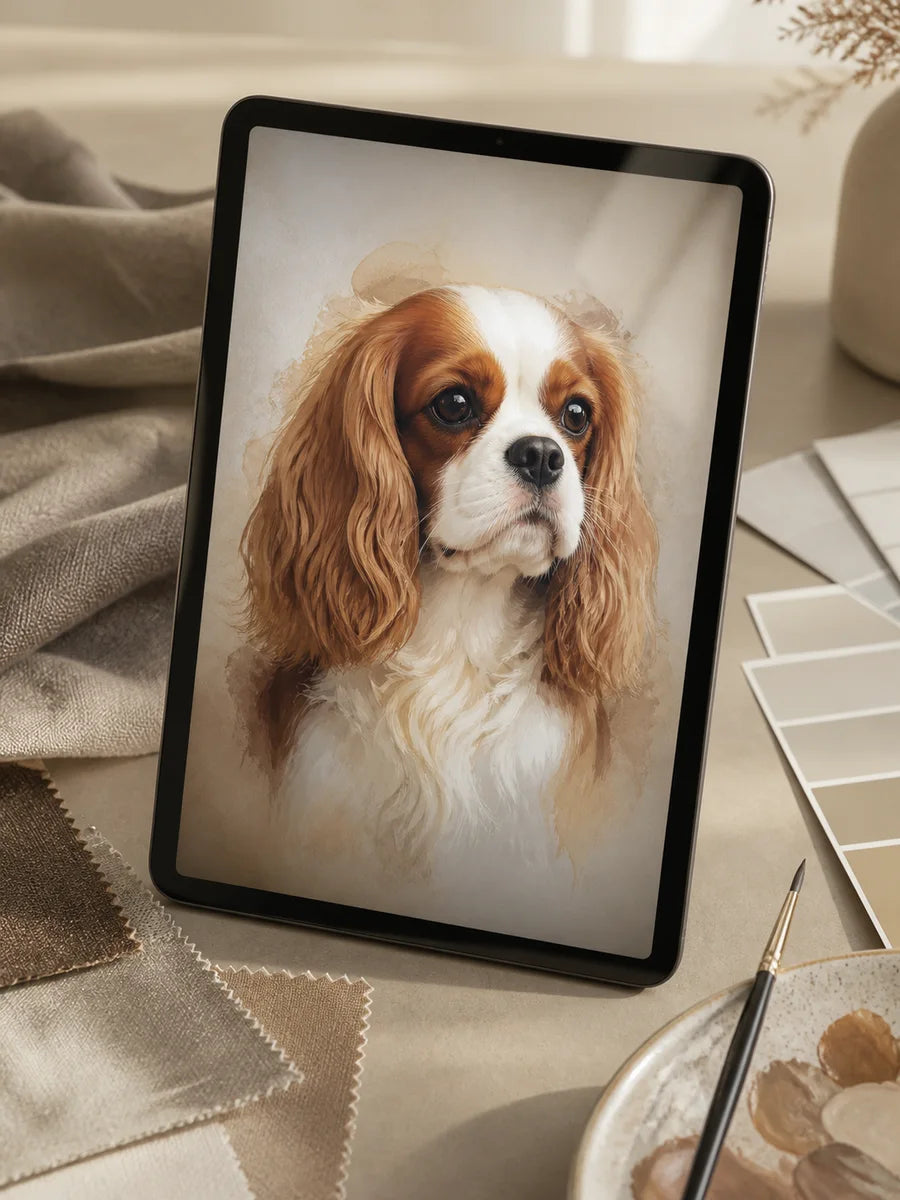 Cavalier spaniel digital portrait preview on a tablet