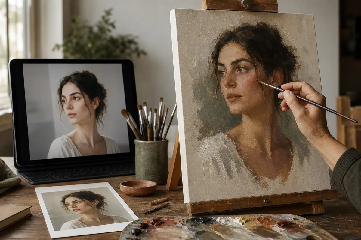 A digital portrait preview beside an artist hand-painting the portrait on real canvas