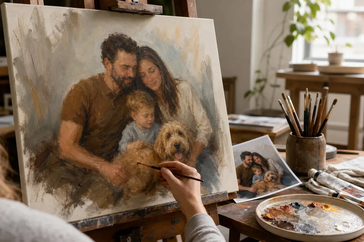 An artist hand-painting a meaningful portrait on real canvas with oil brushes and pigments