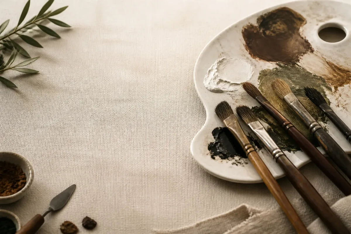 Real oil paints, brushes, and canvas in an artist studio