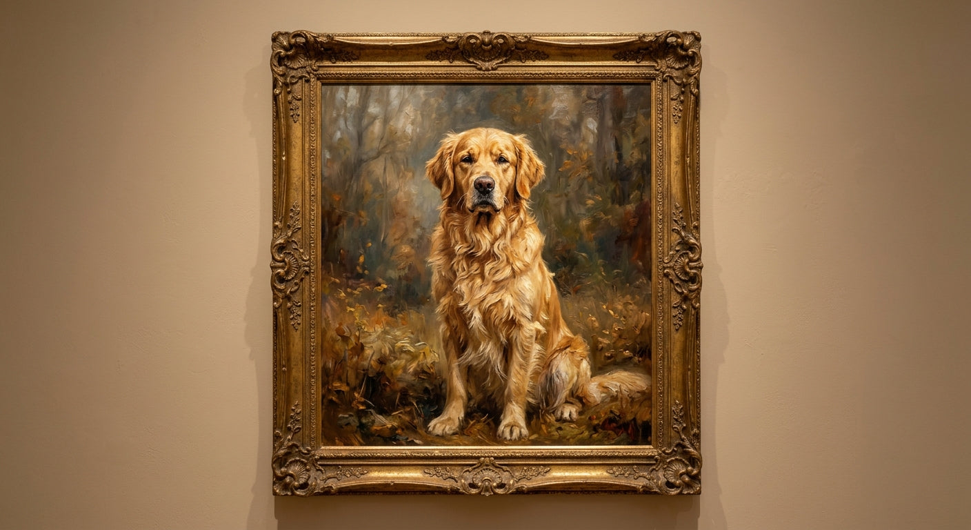 Framed oil portrait displayed on a gallery wall