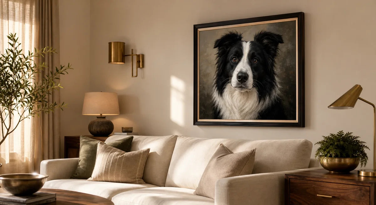 Border Collie portrait preview displayed in a warm living room