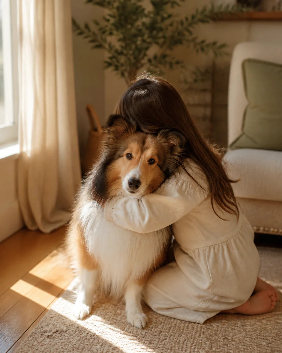 Child hugging a Shetland Sheepdog in a warm home source photo